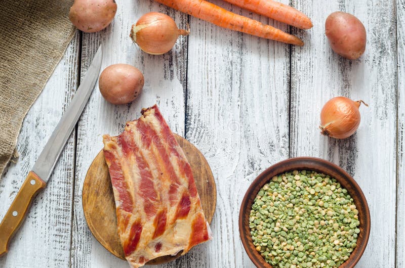 Dried Peas and Assorted Ingredients for Pea Soup Recipe Stock Image