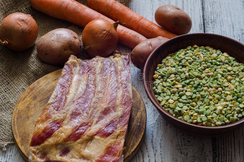 Dried Peas and Assorted Ingredients for Pea Soup Recipe Stock Image
