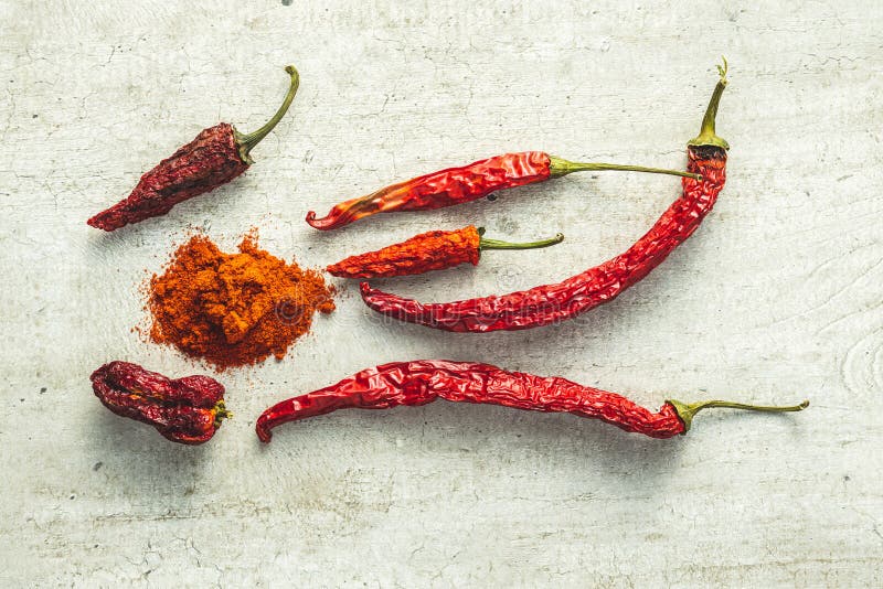 Dried Red Chili Peppers and Chili Powder Stock Image Image of organic