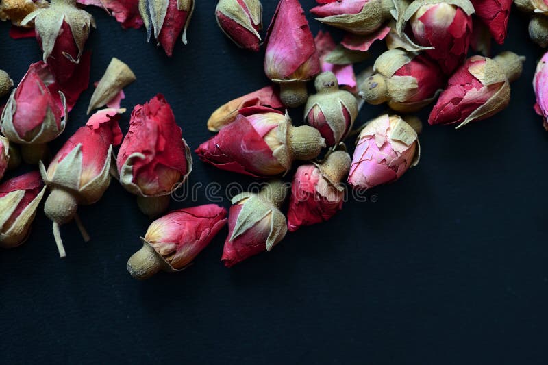 Dried Rose Buds Scattered on a Dark Surface. Rose Tea Stock Photo Image of light, asia 158138532