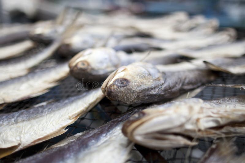 Dried salted fish at market stock images