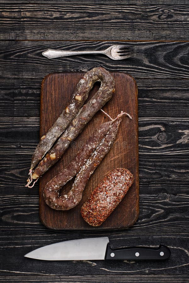 Dried Sausage, Knife and Fork Stock Photo Image of meal, spain 101292886