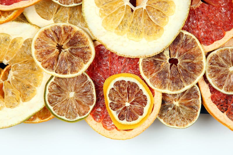 Dried Slices of Various Citrus Fruits Closeup on White Background Stock ...