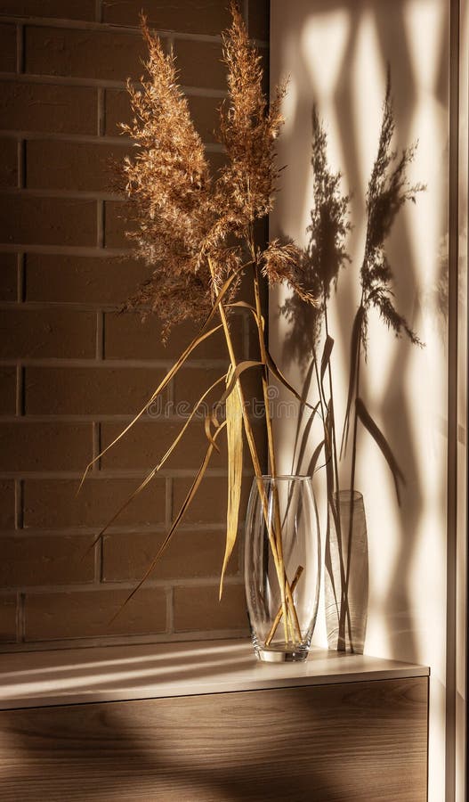 Interior of house of Natural accessories for home decor - dried plants in  glass vase, wicker Stock Photo by andriymedvediuk