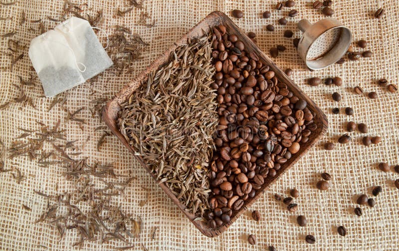 Dried Tea Leaves and Roasted Coffee Beans Theine Vs Caffeine Stock