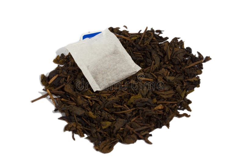 Dried tea and tea bag.