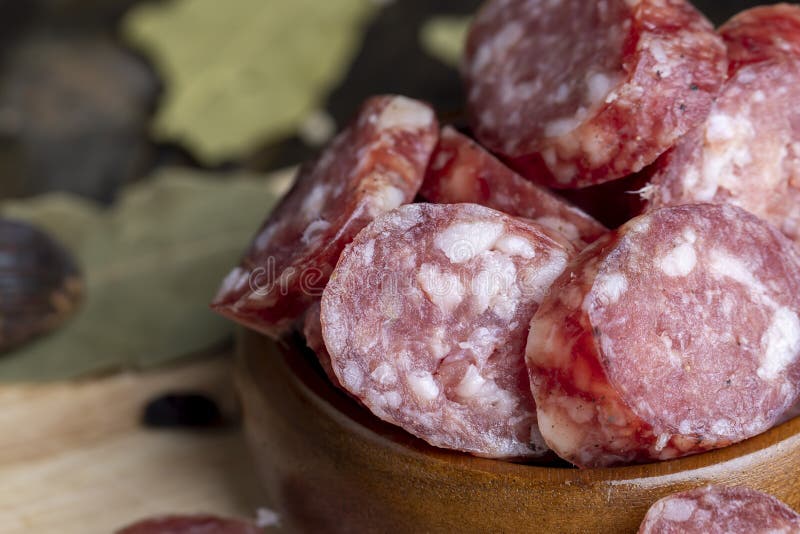 Dried Veal Sausage during Slicing Stock Photo Image of pork, beef