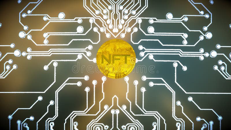 Three-dimensional gold coin with the inscription nft on the background of a printed circuit board with luminous tracks. cryptoart concept. 3d render. Three-dimensional gold coin with the inscription nft on the background of a printed circuit board with luminous tracks. cryptoart concept. 3d render