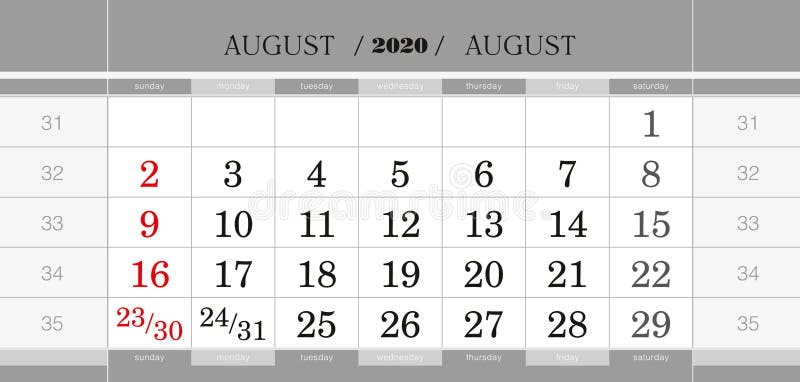 fax bewondering Onzeker Driemaandelijks Kalenderblok Augustus 2020 De Kalender Van De Muur in Het  Engels, De Week Begint Van Zondag Vector Illustratie - Illustration of  brief, engels: 159541778