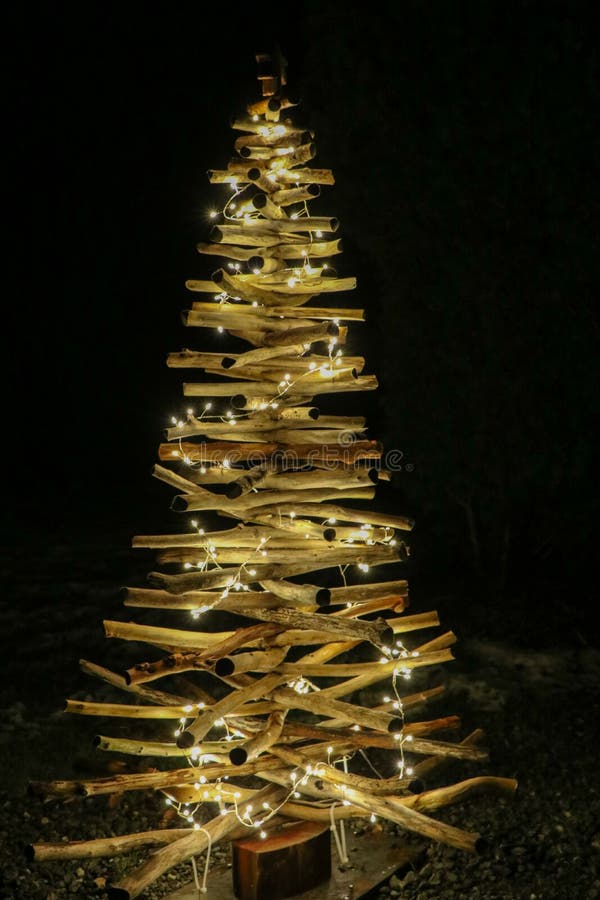 Driftwood Christmas Tree with Lights Stock Image Image of north