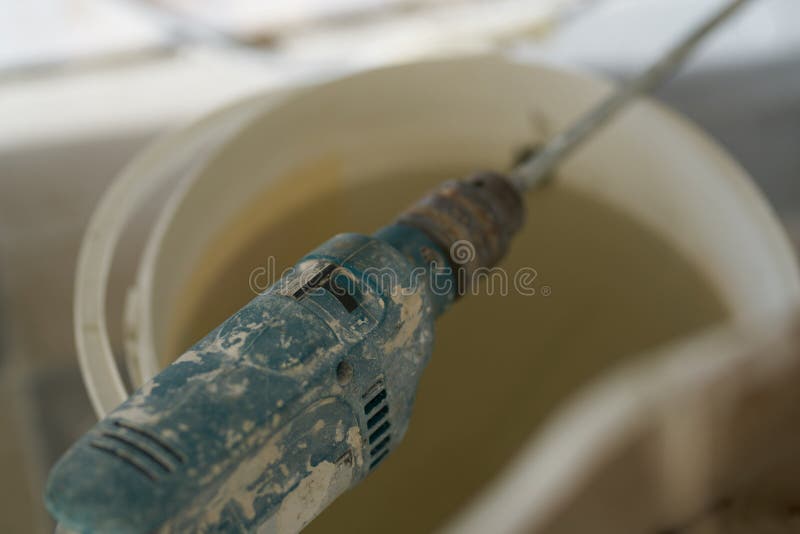 Drill Mixer Stirring Mortar Repair Construction Tools Stock Photo