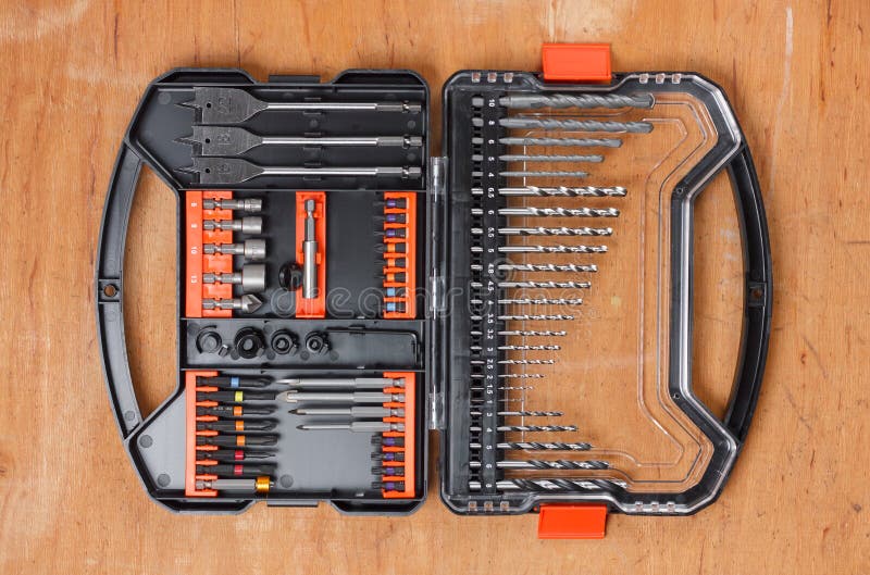 Drill and screwdriver bits set in a plastic carrying case. royalty free stock photos