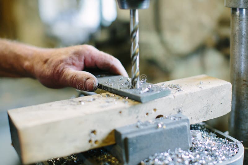 Drilling Machine Working on Flat Steel Plate Stock Image Image of