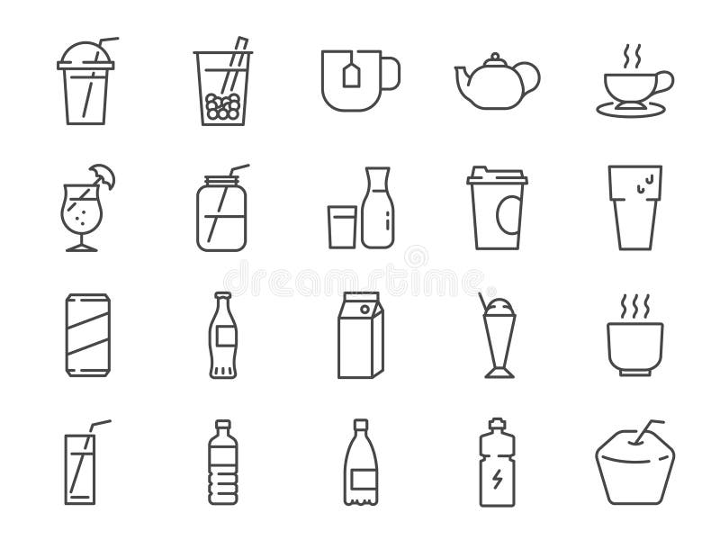 Drink and beverage icon set. It included icons such as water, soda, tea, coffee, juice, mineral water, and more.