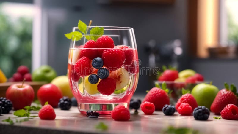 Drink with strawberries, raspberries table mix organic homemade mixed royalty free illustration