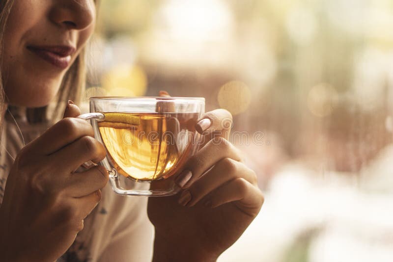 Drink Tea relax cosy photo with blurred background. Female hands holding mug of hot Tea in morning. Young woman relaxing tea cup