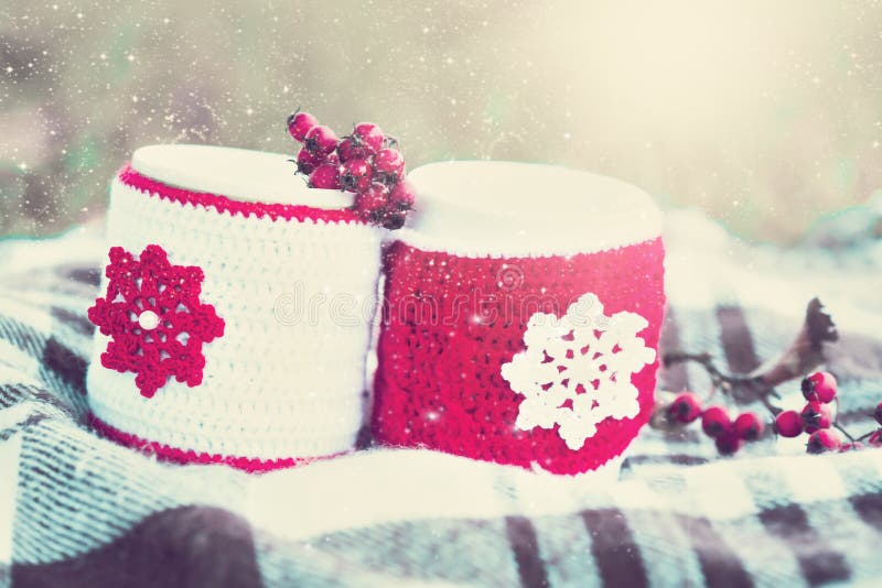 Drink. Two cup tea, winter snow background royalty free stock image Drink. Two cup tea, winter snow background royalty free stock image