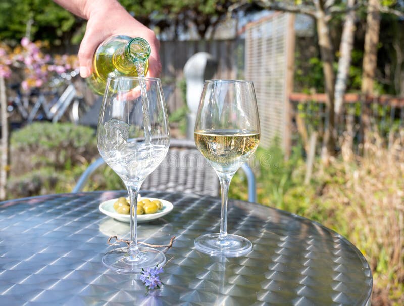 Drinking of Dry White Wine on Open Terrace in Spring Garden Stock Image