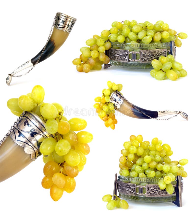 Drinking horn and fruit bowl of grapes