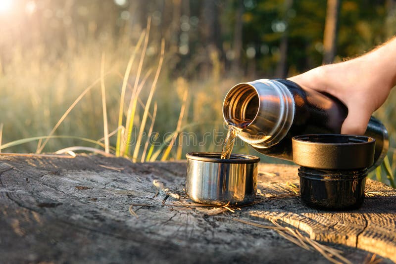 Hot Tea In Thermos For A Walk In The Woods While Resting Stock