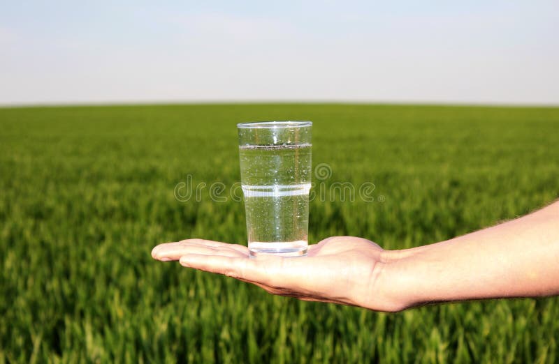 Muž pitie čistej vody na hayfield.