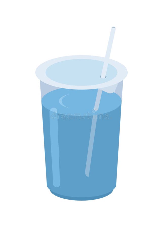 Drinking Water in a Plastic Cup with Straw. Simple Flat Illustration