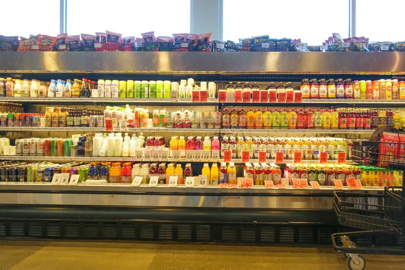 Drinks in Cooler Case at Store Editorial Stock Photo - Image of food ...