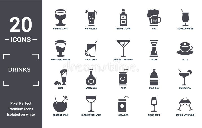 Drinks icon set. include creative elements as brandy glass, tequila sunrise, jigger, coke, glasses with wine, ham filled icons can be used for web design, presentation, report and diagram. Coke can vectors