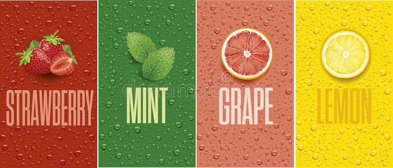 Drinks and juice background with drops and grapefruit, lemon slice, mint leaf and strawberry vector illustration