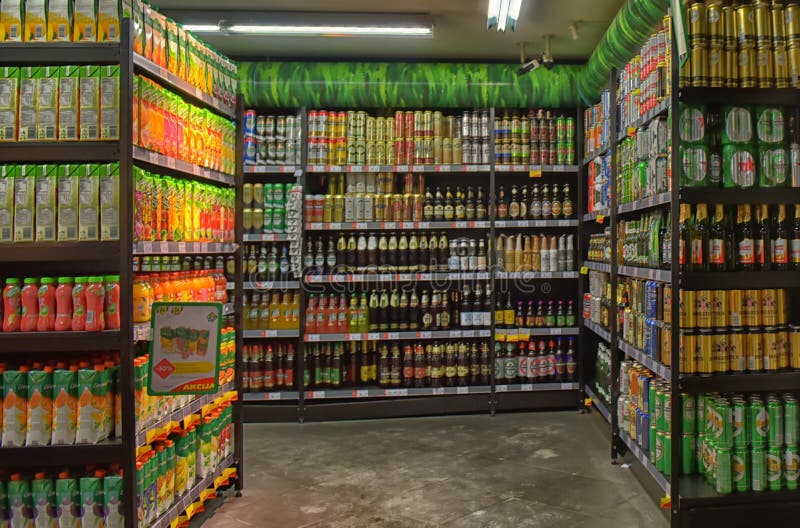 Drinks and juices on the store shelves, Vilnius, Lithuania