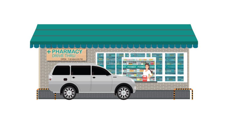 Drive Thru pharmacy with customer a purchased product at a drive thru line