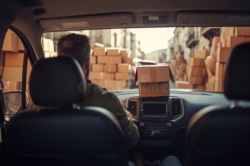 Driver driving car with parcels,delivery concept royalty free stock photos