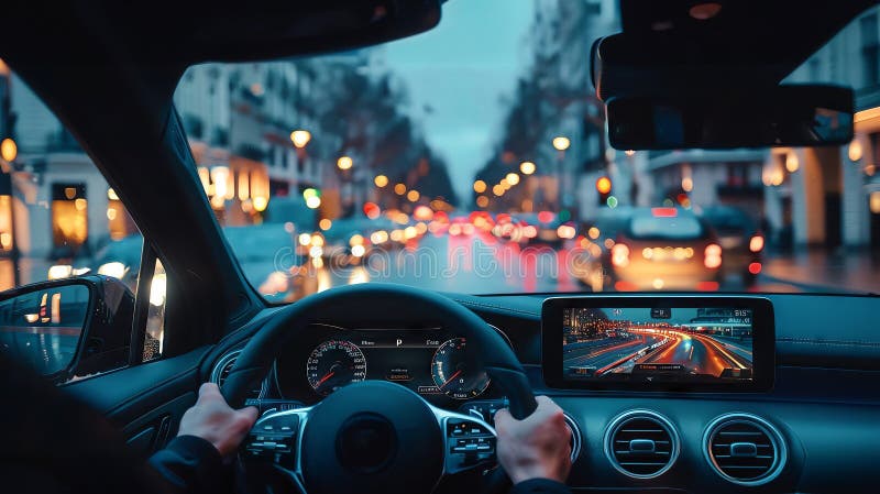 A driver experiencing the convenience of AI-driven transportation stock illustration
