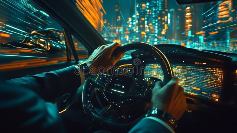 Driver navigating a high-tech car through a futuristic city at night, with illuminated digital displays and motion blur royalty free stock photography