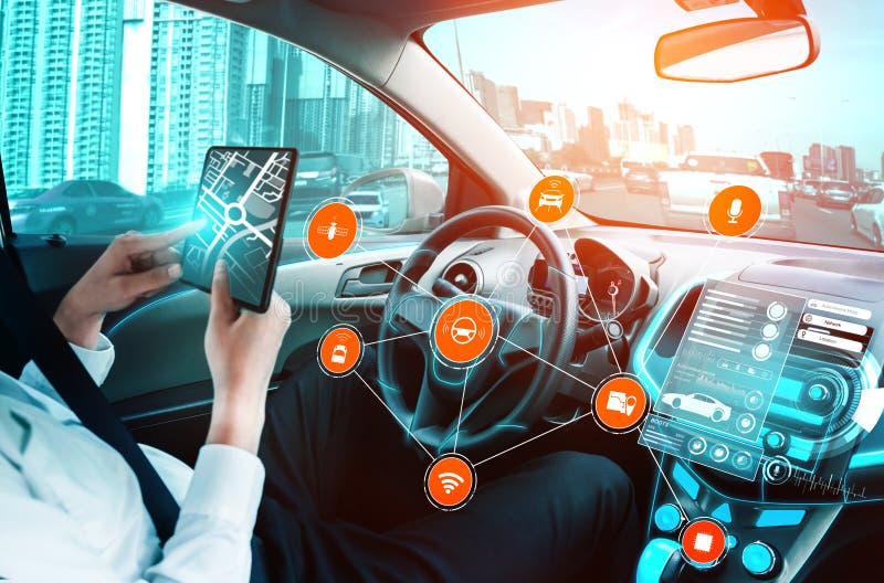 Driverless car interior with futuristic dashboard for autonomous control system royalty free stock image