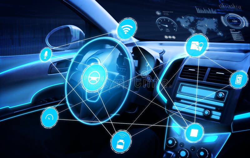 Driverless car interior with futuristic dashboard for autonomous control system stock image