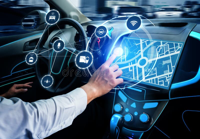 Driverless car interior with futuristic dashboard for autonomous control system stock photos
