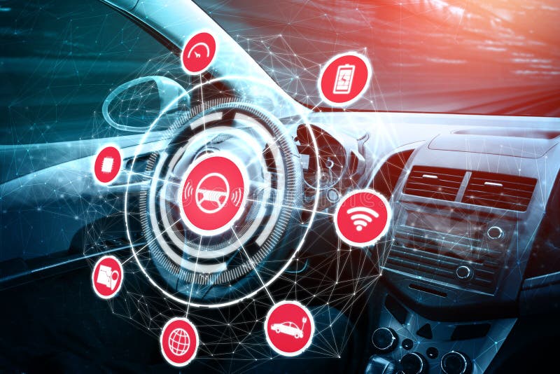 Driverless car interior with futuristic dashboard for autonomous control system royalty free stock photo