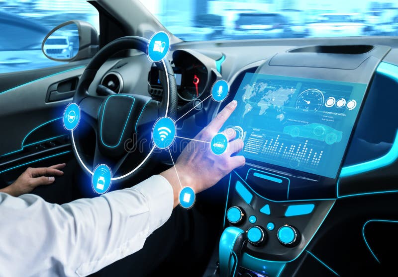 Driverless car interior with futuristic dashboard for autonomous control system royalty free stock image
