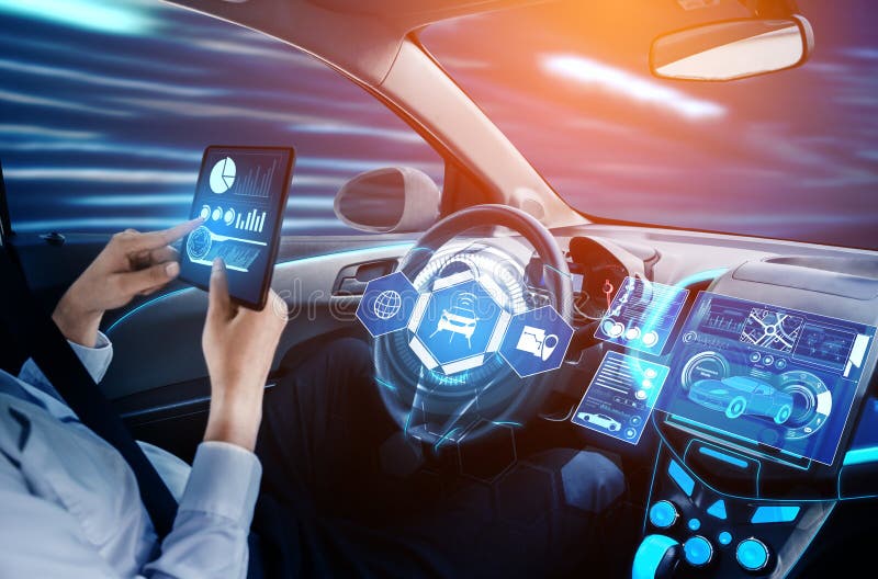 Driverless car interior with futuristic dashboard for autonomous control system stock photo