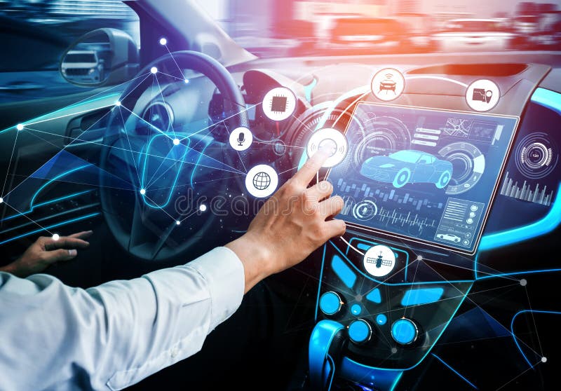 Driverless car interior with futuristic dashboard for autonomous control system stock photo