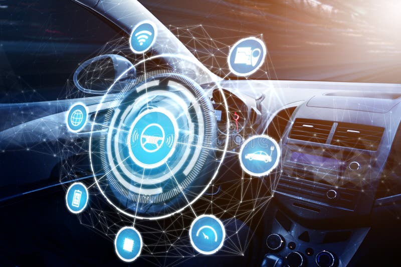 Driverless car interior with futuristic dashboard for autonomous control system royalty free stock photos
