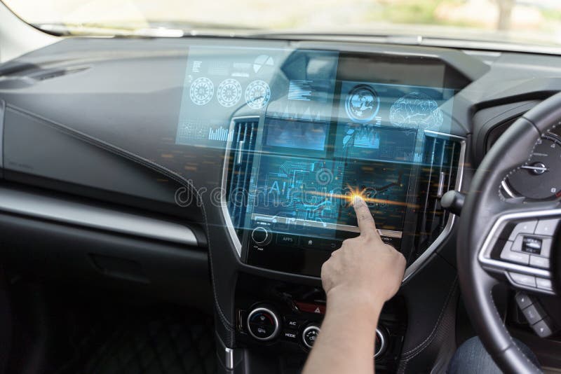 Driverless car interior with futuristic dashboard for autonomous control system royalty free stock images