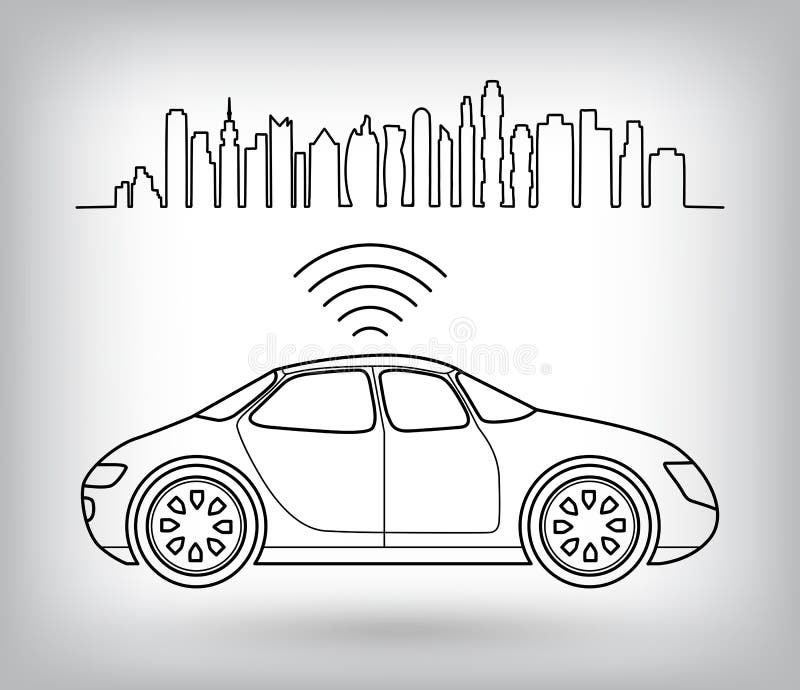 Driverless robotachtige auto, grafisch symbool van zelf-drijft auto in stad vector illustratie Driverless robotachtige auto, grafisch symbool van zelf-drijft auto in stad vector illustratie