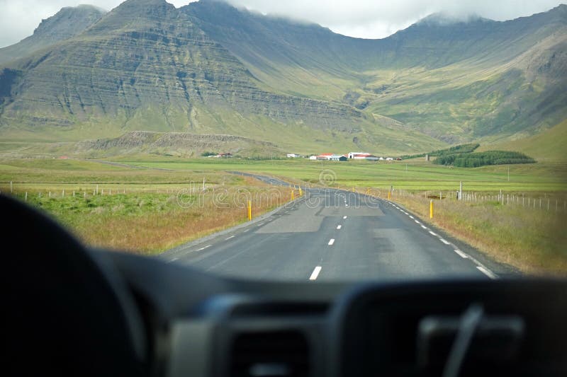 Driving a Car in Iceland, Mountains Perspective of a Driver Stock