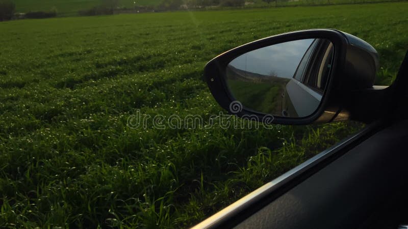 Driving in green agricultural field. Close-up view through car mirror.