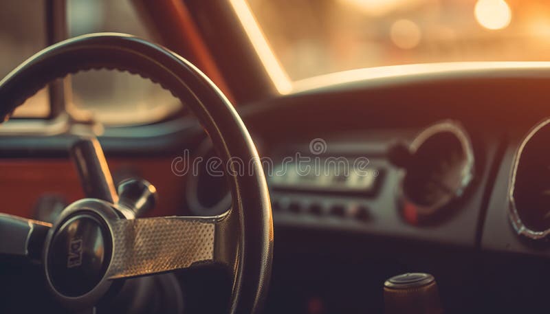 Driving luxury car with chrome dashboard, speedometer and leather interior generated by AI stock illustration