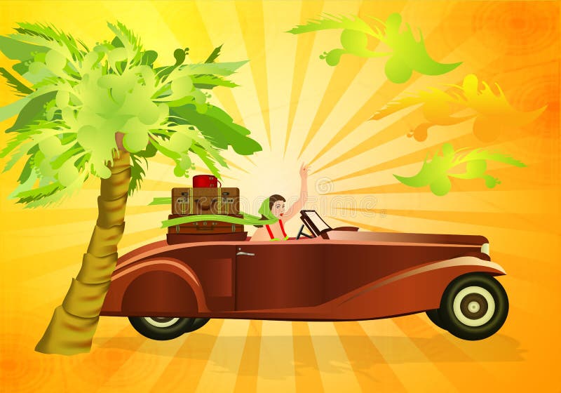 Driving my old car. Lady in an old fancy car with trunk of luggage, sunny background with palm vector illustration