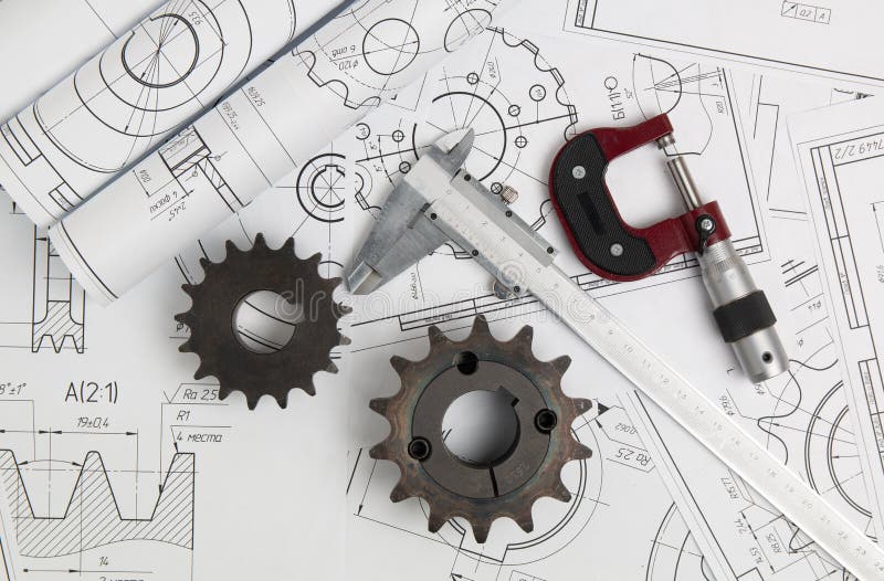 Driving sprockets, caliper, micrometer and engineering drawings