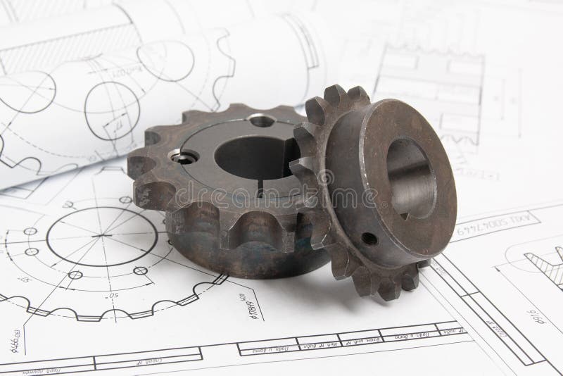 Driving sprockets and engineering drawings of industrial parts